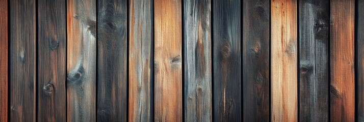 Fototapeta premium Rustic Wooden Plank Background Texture - A close-up of a weathered wooden surface with various shades of brown and gray, showcasing the natural beauty of wood grain, knots, and texture.