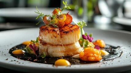 A beautifully plated gourmet dish featuring seared scallops, vibrant garnishes, and creative presentation for culinary enthusiasts.