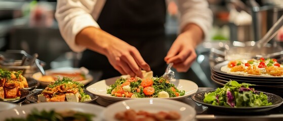 Obraz premium A chef prepares fresh salads in a modern kitchen, showcasing vibrant ingredients and culinary expertise.