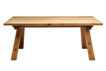 A rustic wooden table with sturdy legs, perfect for dining or workspace, showcasing natural wood grain and simple design.