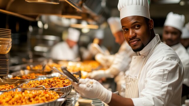 A chef prepares delicious dishes in a vibrant kitchen, showcasing culinary skills and fresh ingredients for a delightful dining experience.