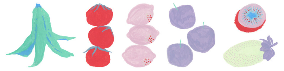 Hand-drawn Acrylic Illustration Elements of Fruits Banana Strawberry Apples Lemons Tomatos Lychee Painting Texture