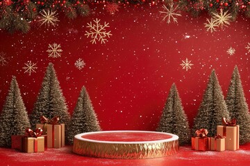 Christmas banner with podium, Christmas trees, snowflakes, and empty space on red background  with generative ai