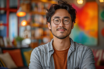 Fototapeta premium Young Asian man smiling in modern colorful cafe setting