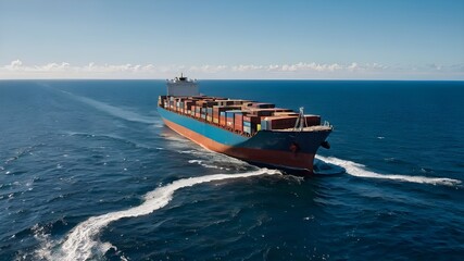 Naklejka premium the sea under a bright, clear sky, with a massive cargo ship