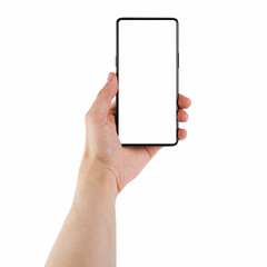 Young man hand holding bezel-less smartphone white screen isolated on white background