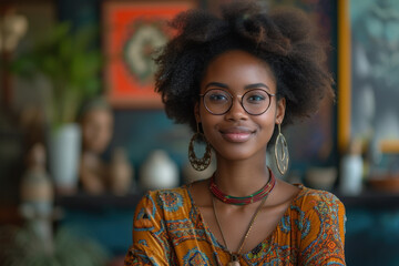 Confident young woman with afro hair in artistic home setting