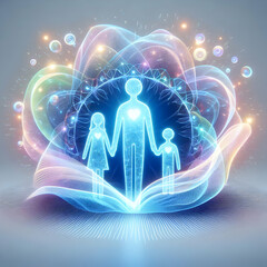 A holographic image of a diverse family harmoniously surrounded by glowing waves, representing unity and balance, ideal for mental health and wellness campaigns. Isolated on white background with copy