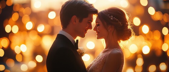 A romantic couple sharing a tender moment, surrounded by soft glowing lights, epitomizing love and celebration.
