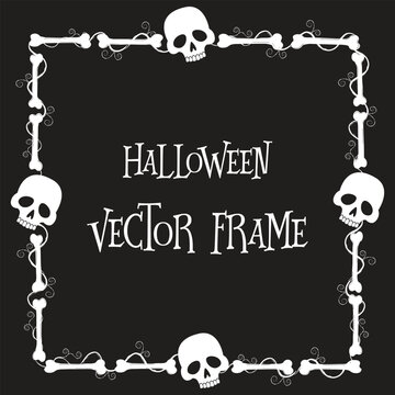 Spooky skulls and bones frame on a black background. Halloween hand-drawn decoration. Halloween frame.Vector illustration.