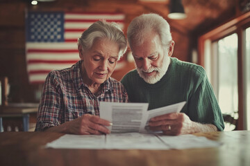 Elderly couple sitting together at a table, carefully reading and discussing documents with an American flag in the background.

