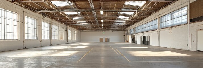Spacious Empty Warehouse with Natural Light - A large, empty warehouse with high ceilings, natural light streaming in through windows, and concrete flooring. The space is clean, bright, and ready for 