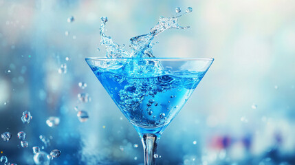 Blue cocktail splash in an elegant martini glass.