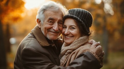Obraz premium An elderly couple shares a warm embrace in a serene autumn setting, showcasing love and connection amidst nature's beauty.