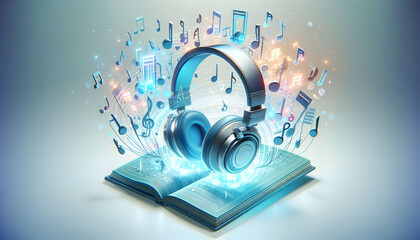 Obraz premium Glowing Holographic Headphones with Floating Music Notes on White Background - Online Music Education Concept with Copy Space