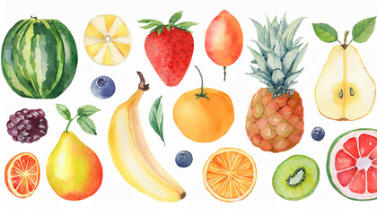Colorful fruits and berries, watercolor. Summer vibe. Healthy eating, tasty vegetarian and diet food