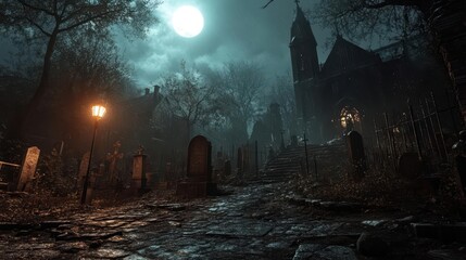 A lone figure walks through a spooky graveyard under a blood moon.