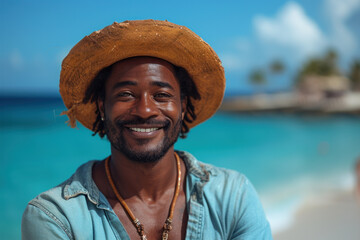 Happy man with straw hat enjoying sunny beach day