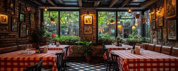 Fototapeta premium Cozy restaurant interior with checkered tablecloths, plants, and charming decor, perfect for dining and relaxation.