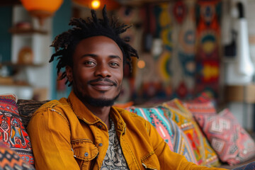 Fototapeta premium Smiling man in colorful cafe with vibrant decor and warm lighting