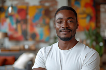 Confident young African American man smiling in a modern colorful office