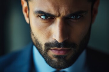 Fototapeta premium Close-up of a handsome Dubai businessman with a serious and intense expression. He is wearing a business suit. His eyes are focused, giving the impression of urgency or attention with generative ai