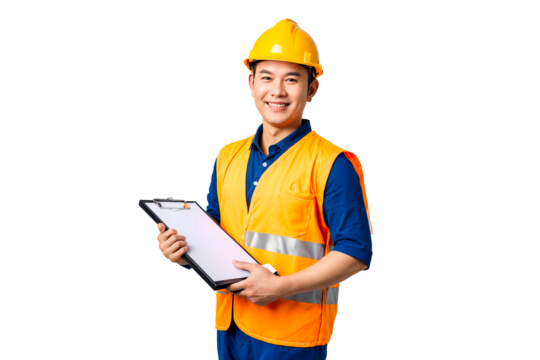 A portrait of a friendly Asian construction worker with a warm smile, wearing a protective helmet and holding a clipboard, set against a transparent background.