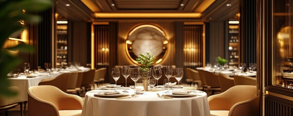 Elegant dining room featuring stylish decor, fine tableware, and ambient lighting, perfect for a luxurious dining experience.