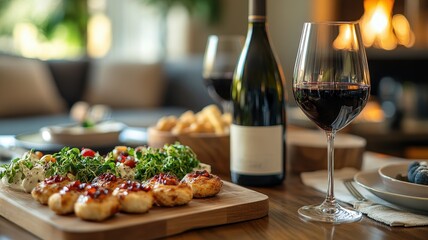 Elegant dining setup with gourmet appetizers, red wine, and a cozy ambiance, perfect for a sophisticated gathering.