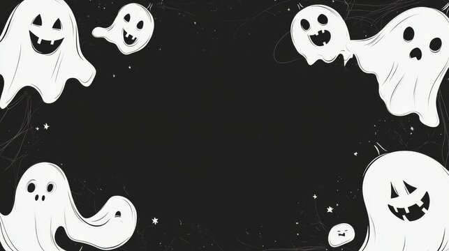 Spooky Halloween Ghost Background with Copy Space - A black background with white ghost silhouettes, some with smiling faces, creating a spooky and playful Halloween atmosphere. Perfect for adding you