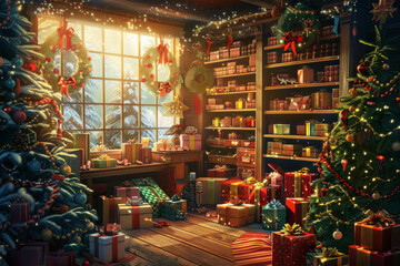 Cozy christmas festive scene with decorations, a warming fireplace and a christmas tree, Happy christmas, full of seasons greetings