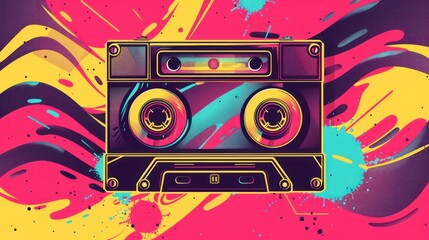Fototapeta premium Retro audio cassette illustration with vibrant neon colors and abstract patterns. Bright and dynamic background.