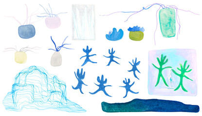 Watercolor Set of Dried Plants and Plant Silhouette Hand-Drawn Texture Blue Theme