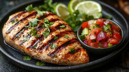 Grilled chicken breast with fresh salsa and lime slices, capturing the vibrant colors and fresh flavors of a healthy dish in a visually appealing and simple presentation.