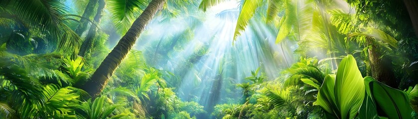 Sunlight through lush tropical rainforest canopy.