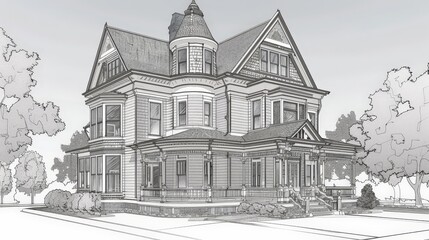 Obraz premium an elevation view of a Victorian house, showcasing its ornate trim, bay windows, and decorative gables.