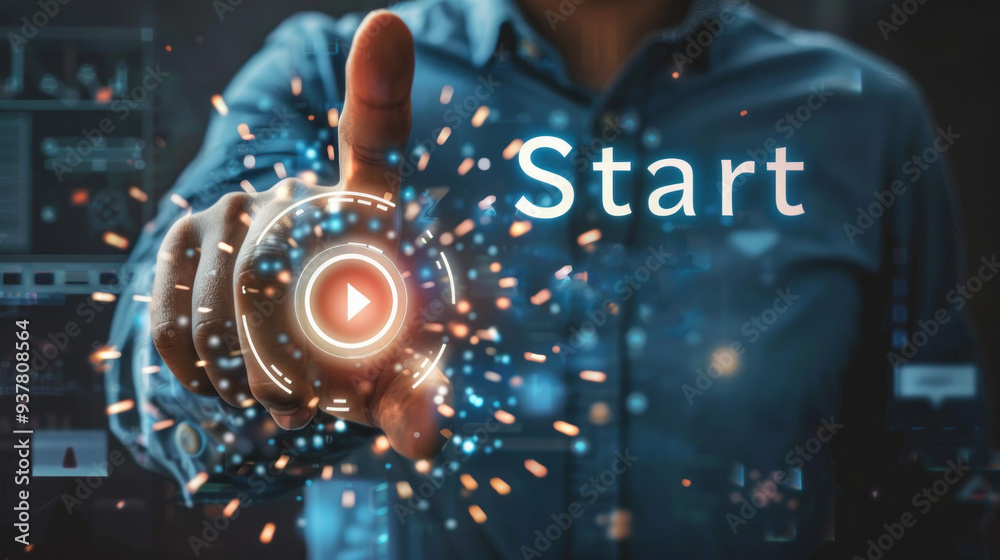Poster A man is pressing a button with a star on it