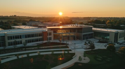 Fototapeta premium Drone footage capturing the sprawling campus of a contemporary school building.