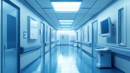 Sterile Hospital Corridor with Bright Lights and Gleaming Floors - A sterile hospital corridor with bright lights, gleaming floors, and medical equipment, symbolizing healthcare, cleanliness, professi