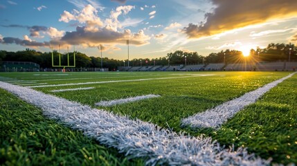 Obraz premium Dynamic perspective of a football field, capturing the essence of teamwork and strategy.