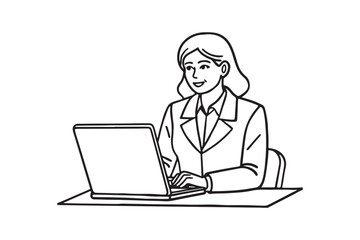 Person working in office with laptop line art