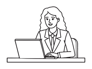 Person working in office with laptop line art