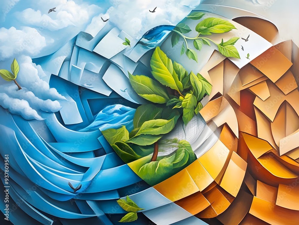 Poster Abstract Geometric Shapes with Nature Elements.