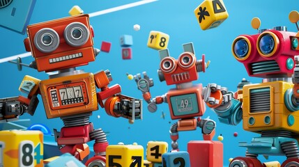 A group of charming robots on a blue background