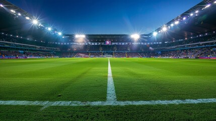 Obraz premium Evening view of stadium lights illuminating a football field during a match.