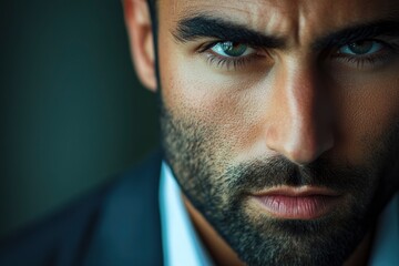 Obraz premium Close-up of a handsome Dubai businessman with a serious and intense expression. He is wearing a business suit. His eyes are focused, giving the impression of urgency or attention with generative ai