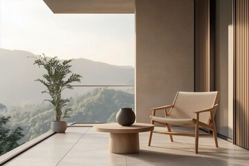 Naklejka premium The minimal Japandi home relaxing with large window and mountain view featuring a small round table