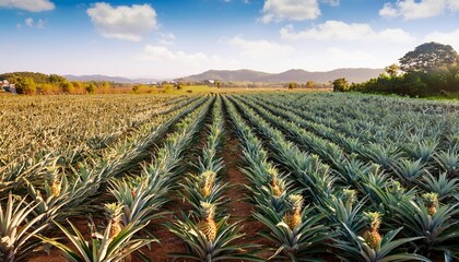 Pineapple plantation with rows of plants.