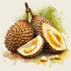 Fototapeta premium Durian illustration flat design, side view, Southeast Asian theme, watercolor, Triadic Color Scheme