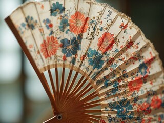 A close-up of a traditional Japanese hand fan with floral designs, the fan is open and the wooden ribs are visible.